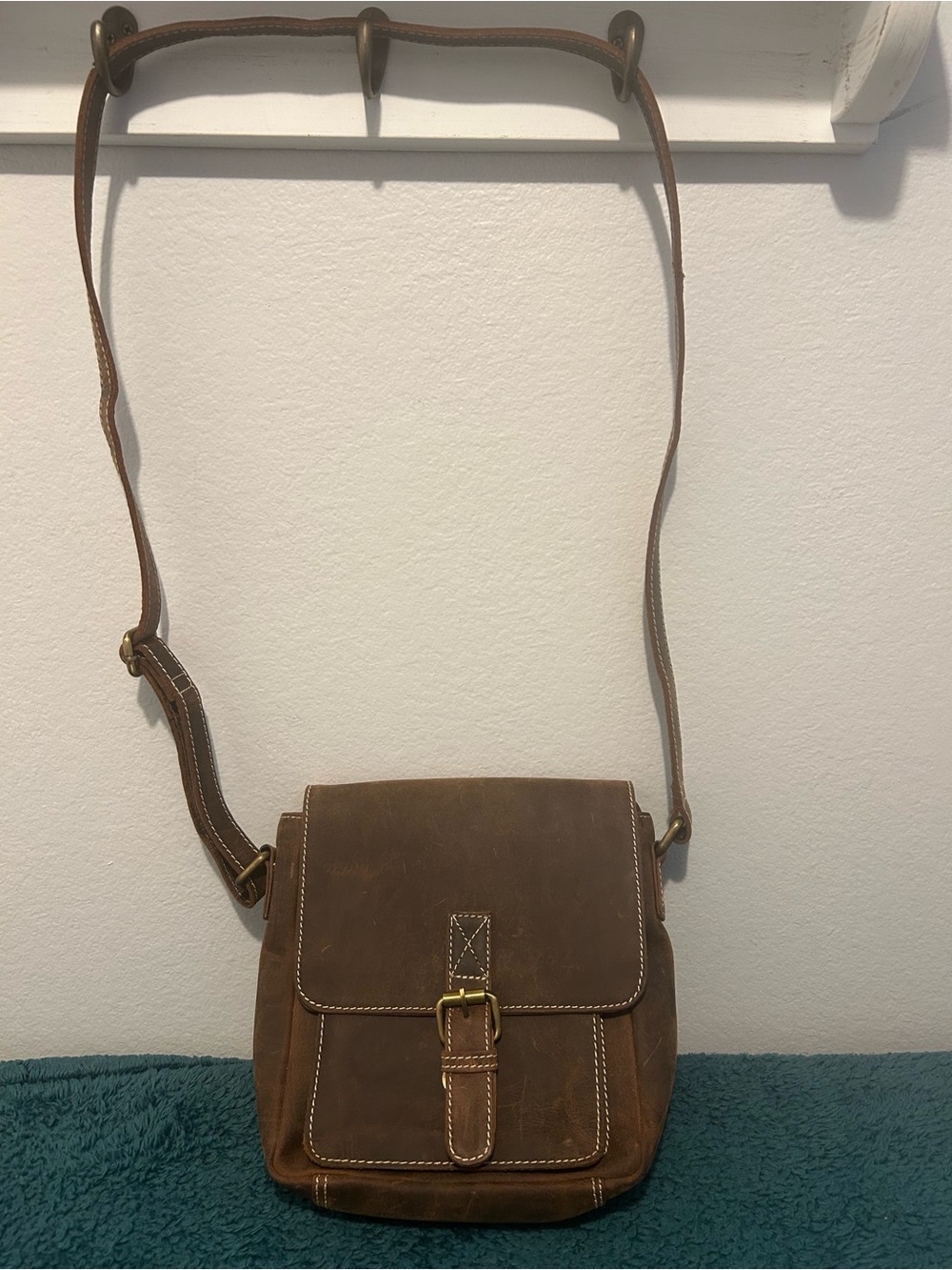 American Bison Brown Leather Crossbody Bag with Front Buckle